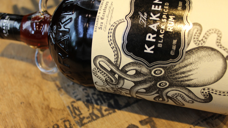 Kraken rum bottle on table