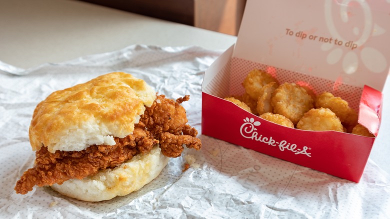 Chick-fil-A chicken biscuit and hash browns