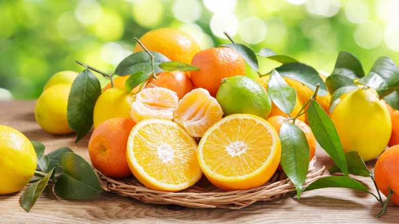 citrus on table in wicker basket