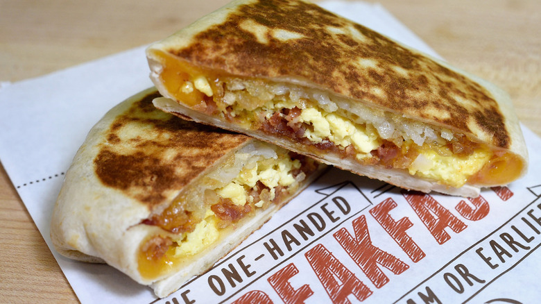 Taco Bell breakfast sandwich on napkin