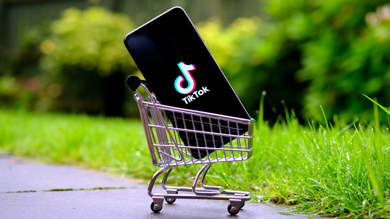A cell phone open to TikTok in a grocery cart