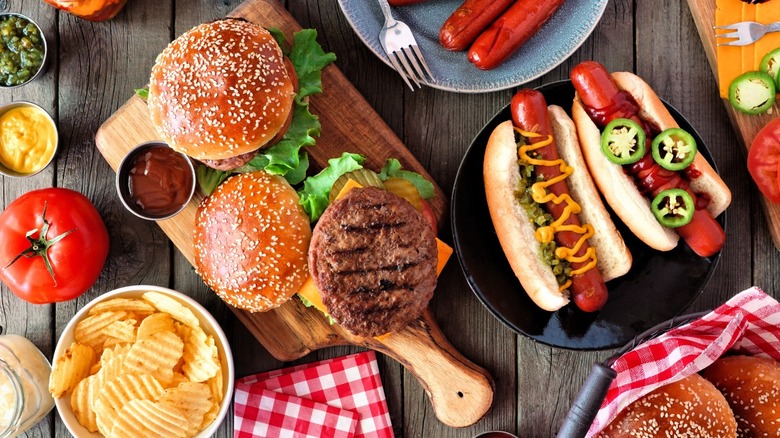 hamburgers and hot dogs at cookout