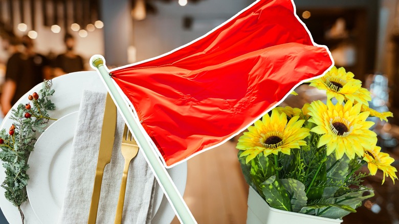 Plate, red flag, and flowers