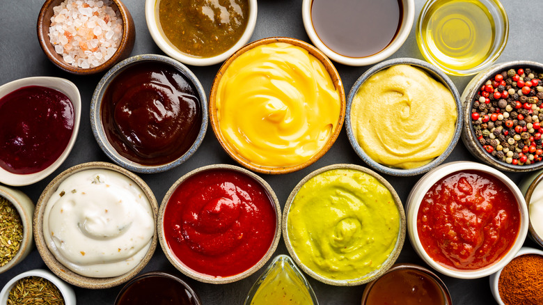 a selection of sauces in jars