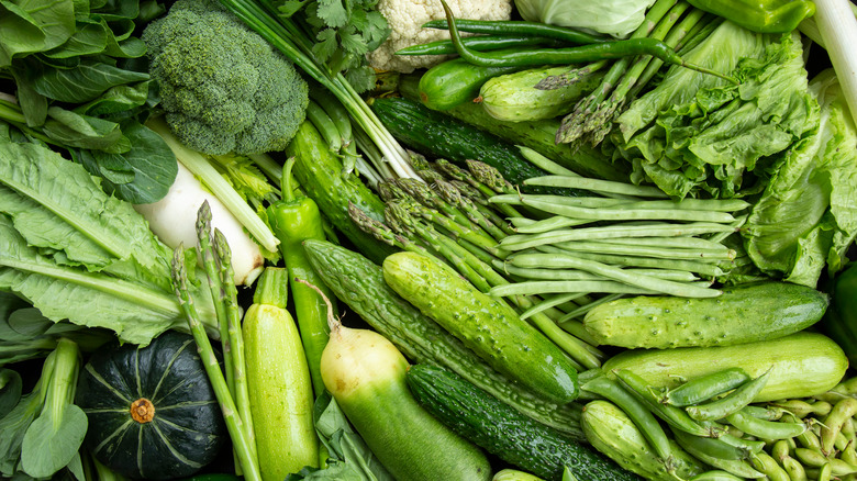 variety of green vegetables, broccoli, peas, green beans, cauliflower, cabbage 