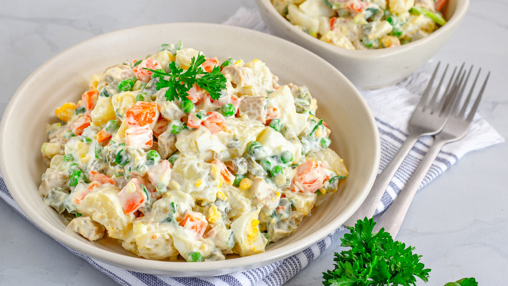 Egg salad in ceramic bowl