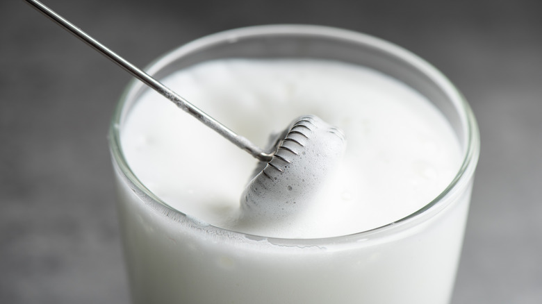 Metal frothing wand in foamy milk. 
