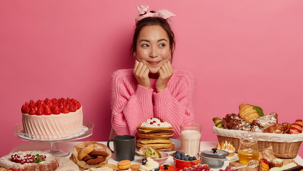 Woman with lots of food