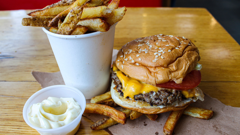 five guys burger and fries on table