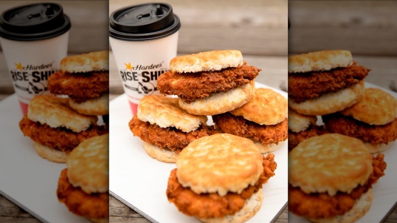 stack of Hardee's chicken biscuits