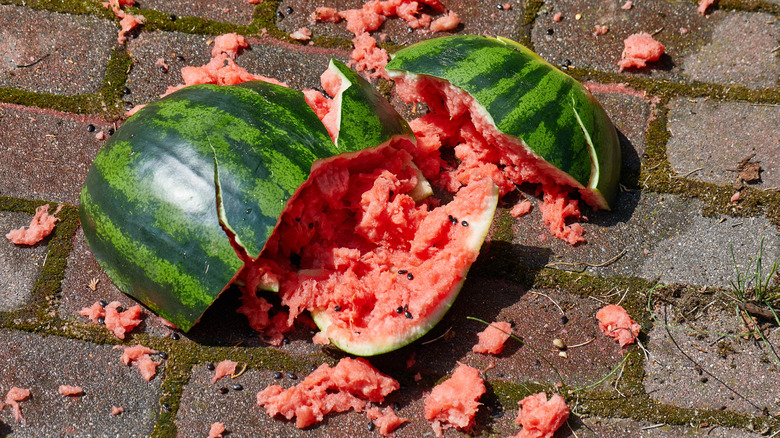 watermelon smashed on sidewalk