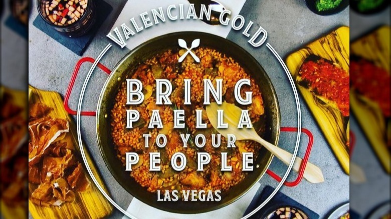 instagram post from Valencian Gold that reads "bring paella to your people" in white text over paella