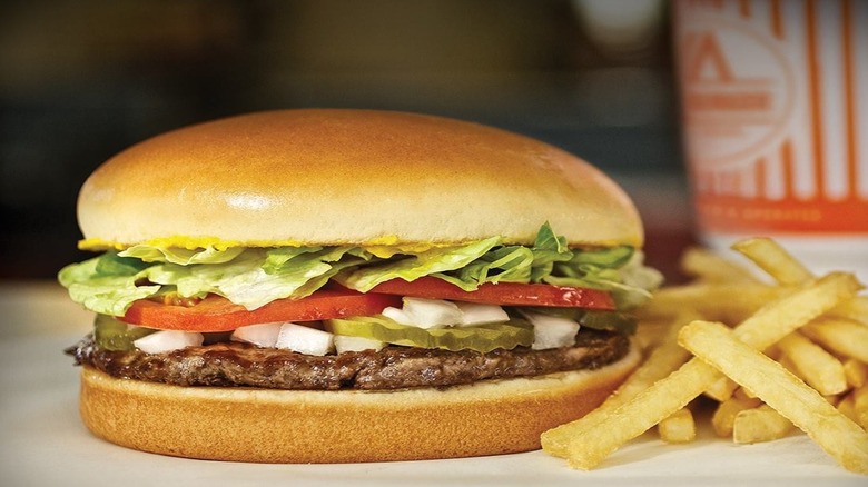 Hamburger with fries and drink