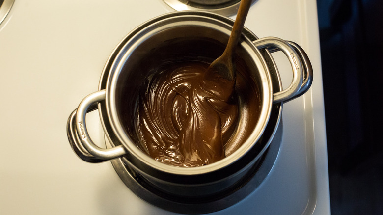 melted chocolate in double boiler