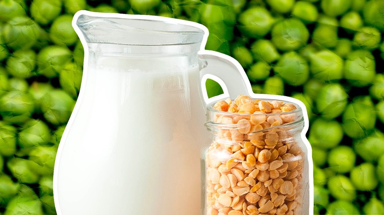 Pitcher of milk in front of green peas