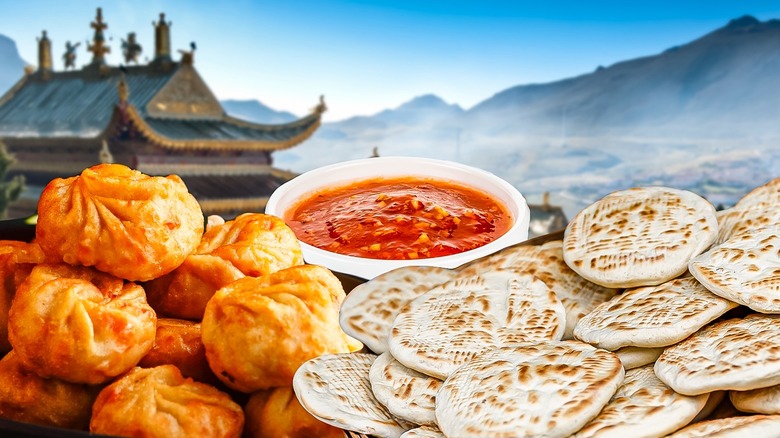 Tibetan meal with dumplings, flatbread, and sauce composite image