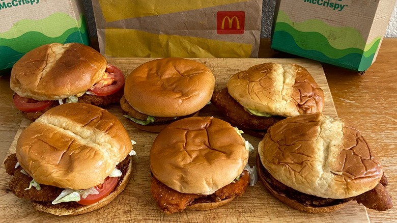 all six McDonald's chicken sandwiches with McDonald's bag and boxes