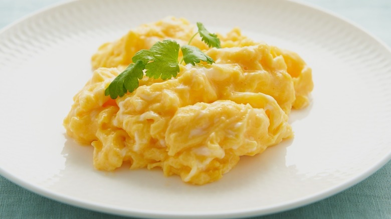 scrambled eggs on white plate