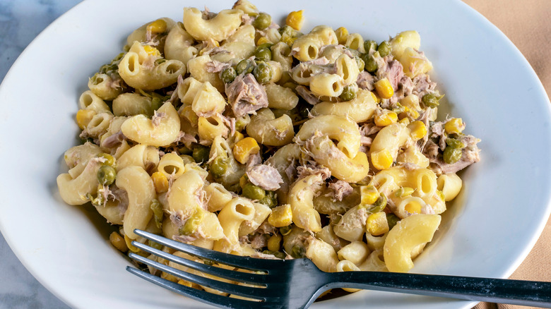 Bowl of tuna pasta salad with peas