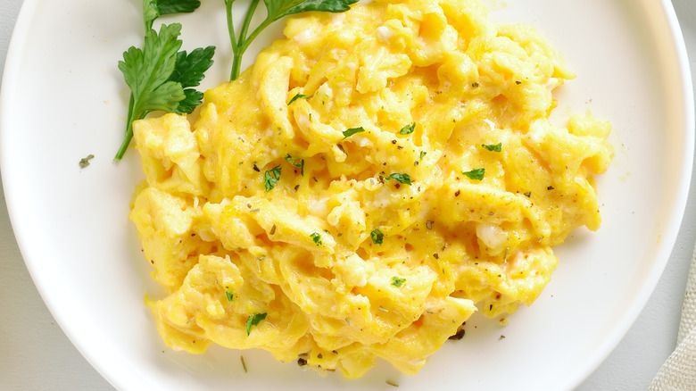 Scrambled eggs on white plate