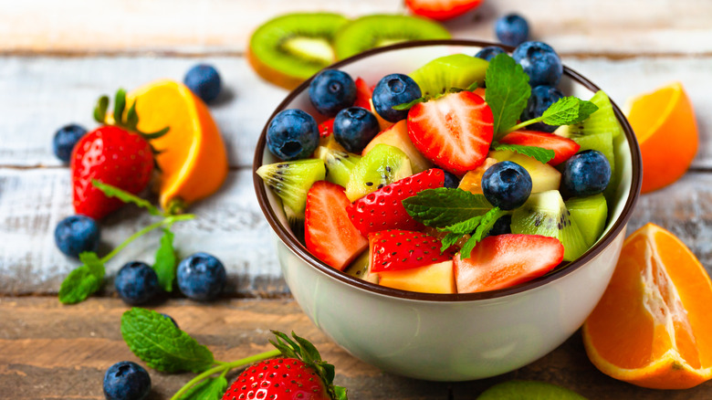 bowl of fruit salad with mint