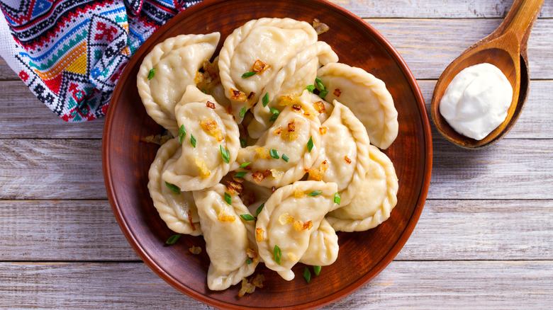 Pierogis on a brown bowl