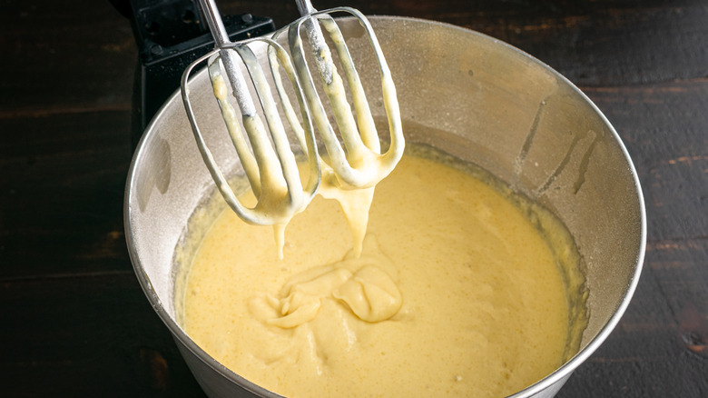 mixer with batter in a bowl