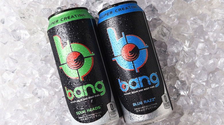 Sour heads and blue razz bang energy drinks on ice