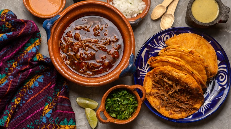 Birria meat and taco platter