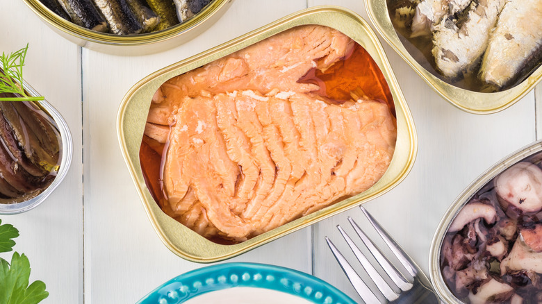 overhead view of opened canned salmon 