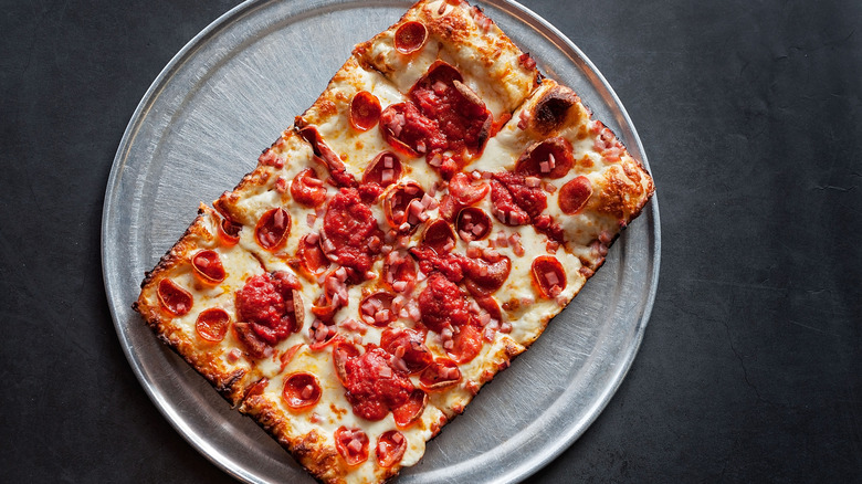 Detroit-style pizza on silver pan