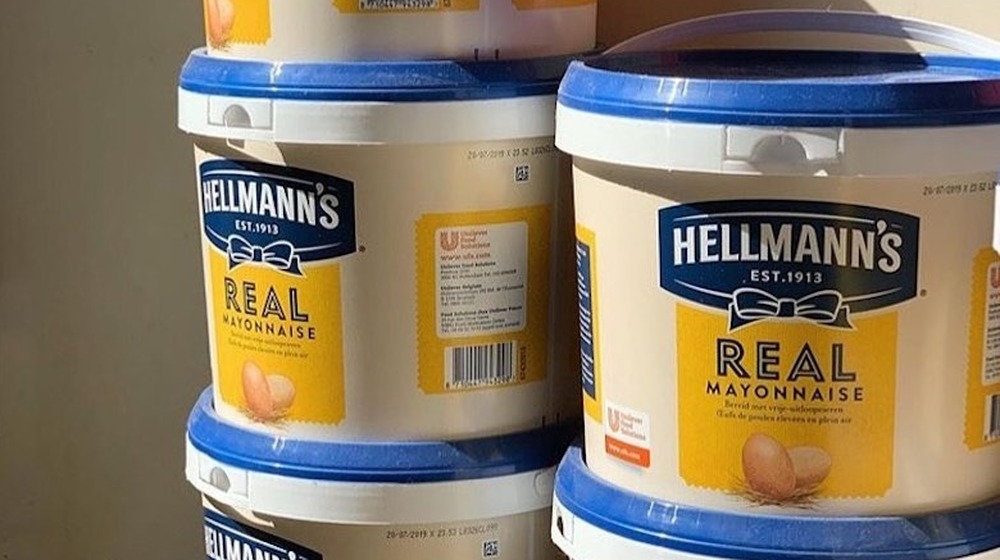 Hellmann's mayo tubs in a stack