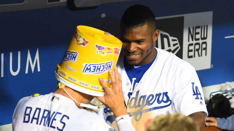 LA Dodgers with Hi Chew bucket on head