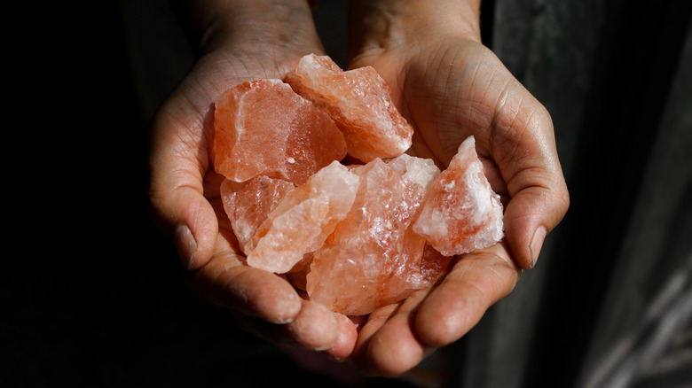 holding Himalayan salt rocks