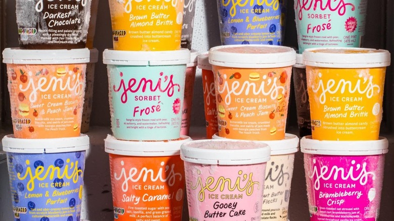 Pints of Jeni's spledid ice creams and sorbets in a freezer