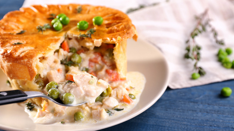 Chicken pot pie with bite taken out