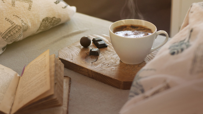 chocolates, hot cocoa, and a book