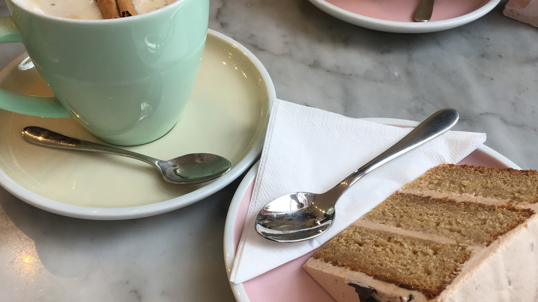 tea with a slice of cake