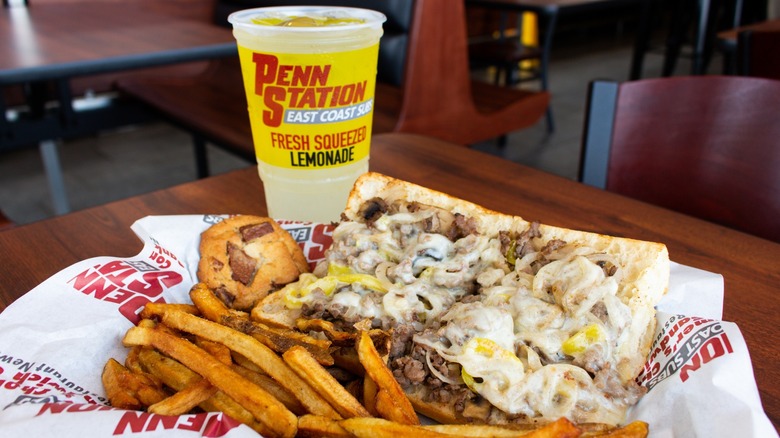 Penn station cheesesteak, fries, lemonade