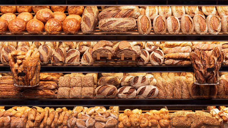 Baked goods and breads on series of shelves