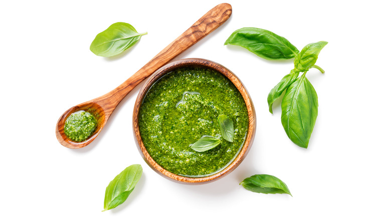 Pesto sauce with basil leaves