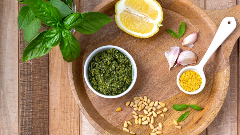 Vegan pesto with ingredients