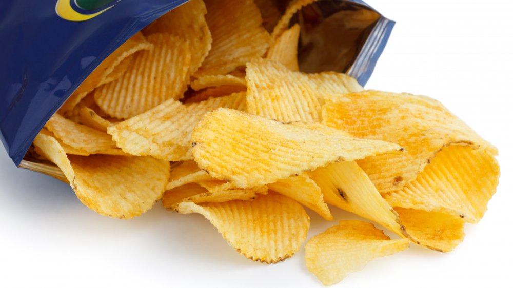 Open bag of Ruffles potato chips