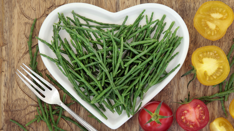 samphire heart-shaped plate fork tomatoes