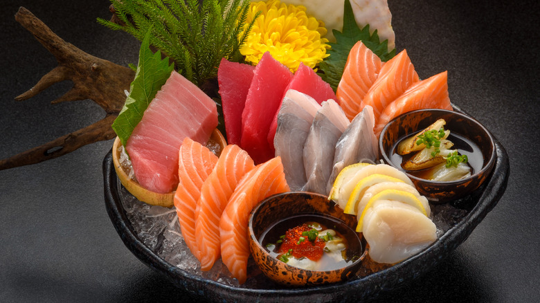 Plate of colorful sashimi types