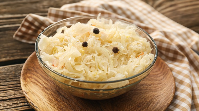 sauerkraut on wooden board