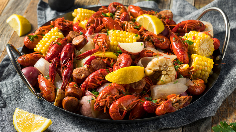Crawfish boil with corn and potatoes