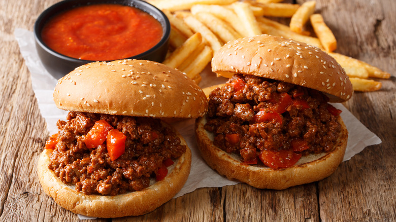 two sloppy joes with fries