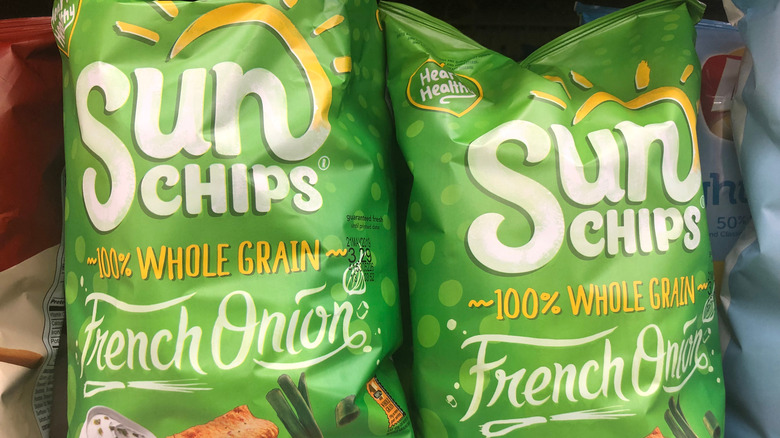 two French Onion Sun Chips bags on store shelf