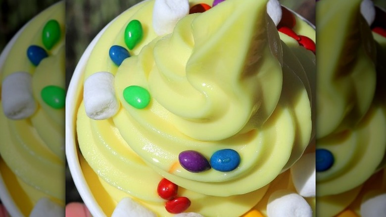 A serving of sweetFrog's frozen yogurt, with candy bits and marshmallow